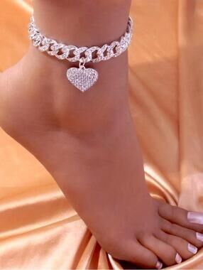 Silver Heart Cuban Link Ankle Bracelet